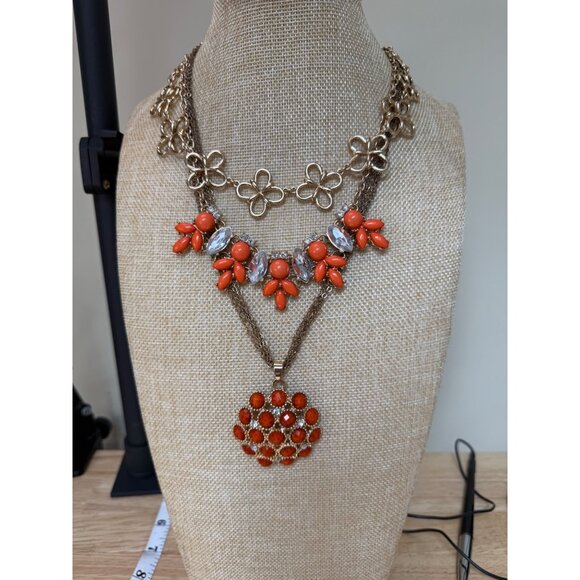 Gold Tone Layered Necklace Set With Orange Beads & Crystal Accents - Picture 1 of 9